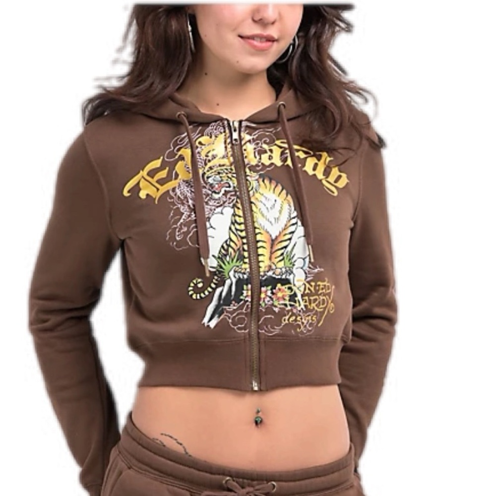 Ed Hardy Brown Graphic Cropped Hoodie